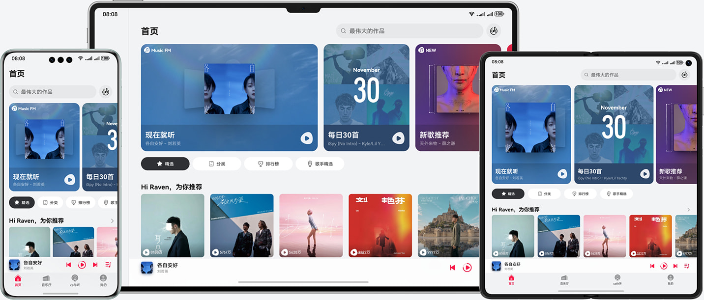 展示同一页面在手机、平板和折叠手机中的 UX 界面