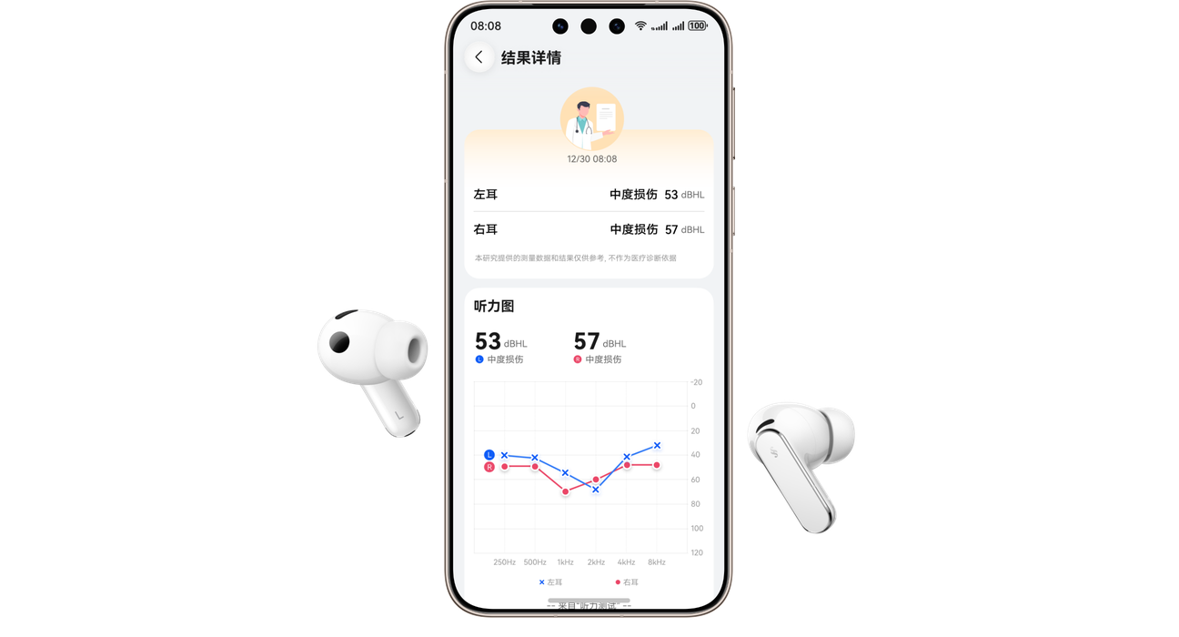 华为智慧音频听力测试界面，展示其为用户提供听力测试功能