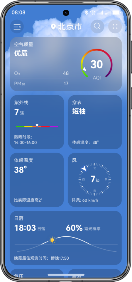 华为天气 APP 首页卡片化布局:紫外线/风力/空气质量等数据可视化图表设计
