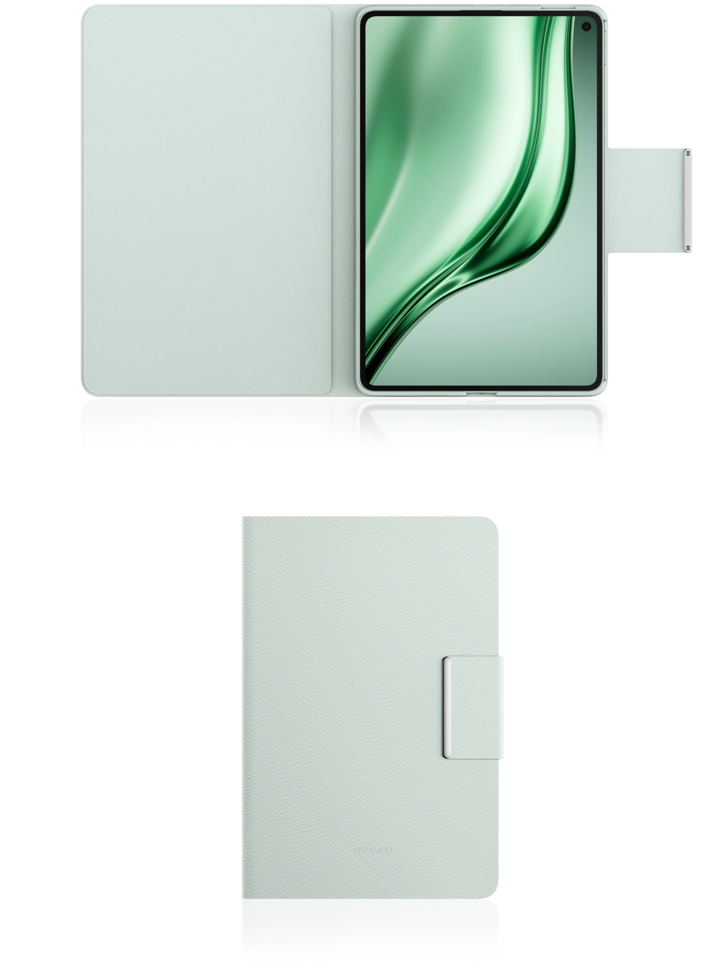 HUAWEI MatePad Mini 装配智能皮套的开盖图与闭盖图，展现开合唤醒屏幕的功能