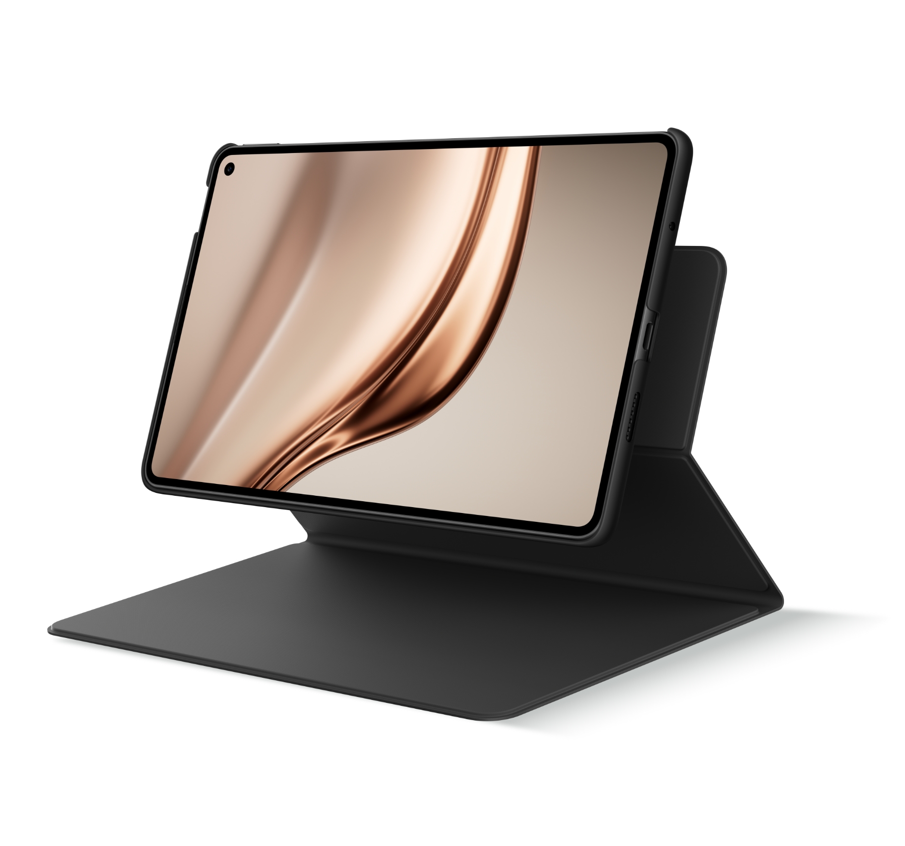 HUAWEI MatePad Mini 装配智能皮套的整体展示图，展现悬浮支撑形态