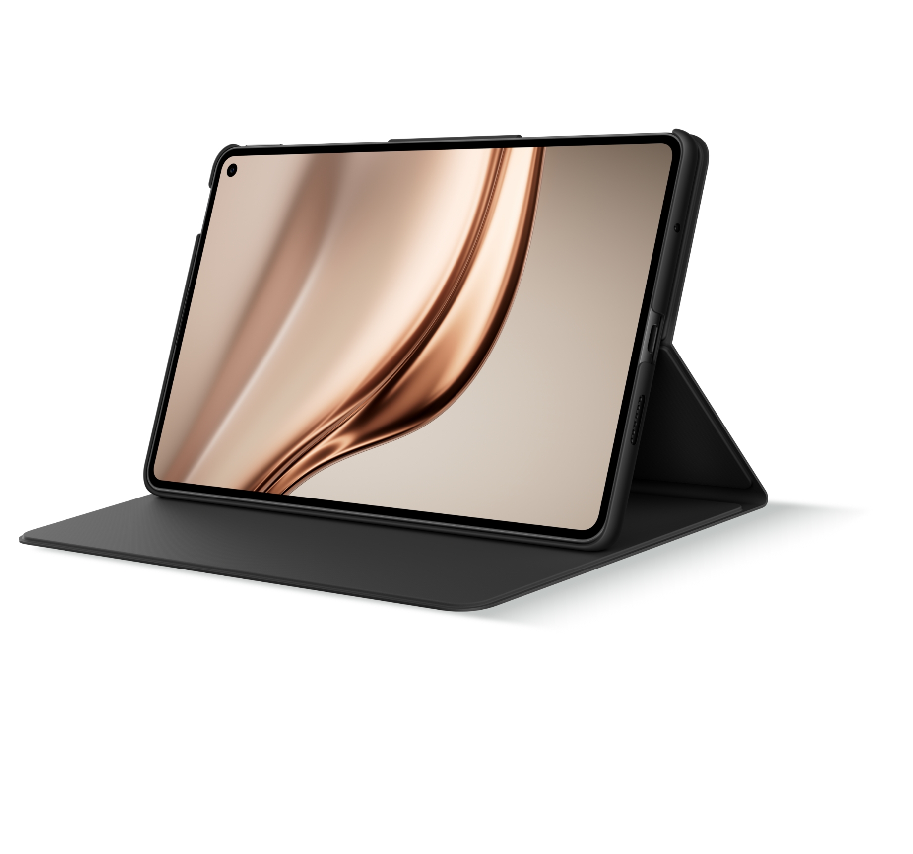 HUAWEI MatePad Mini 装配智能皮套的整体展示图，展现稳定支撑形态