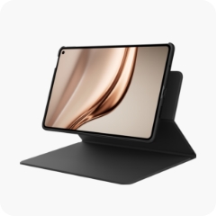 HUAWEI MatePad Mini 装配智能皮套的整体展示图,展现悬浮支撑形态