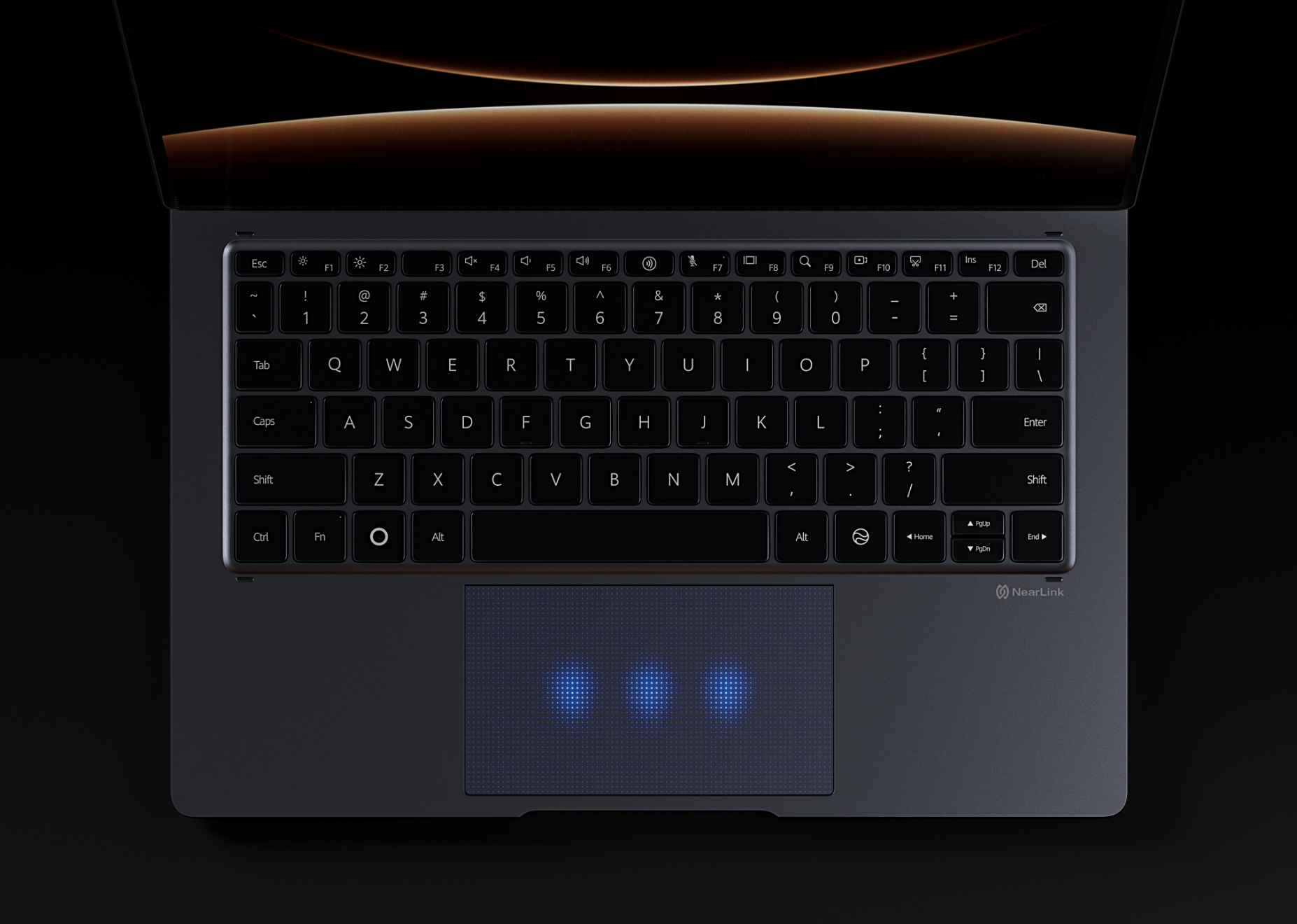 华为星跃悬浮键盘（适用于 HUAWEI MatePad Edge）俯视图，展示了键盘自带 HUAWEI Free Touch 压力触控板