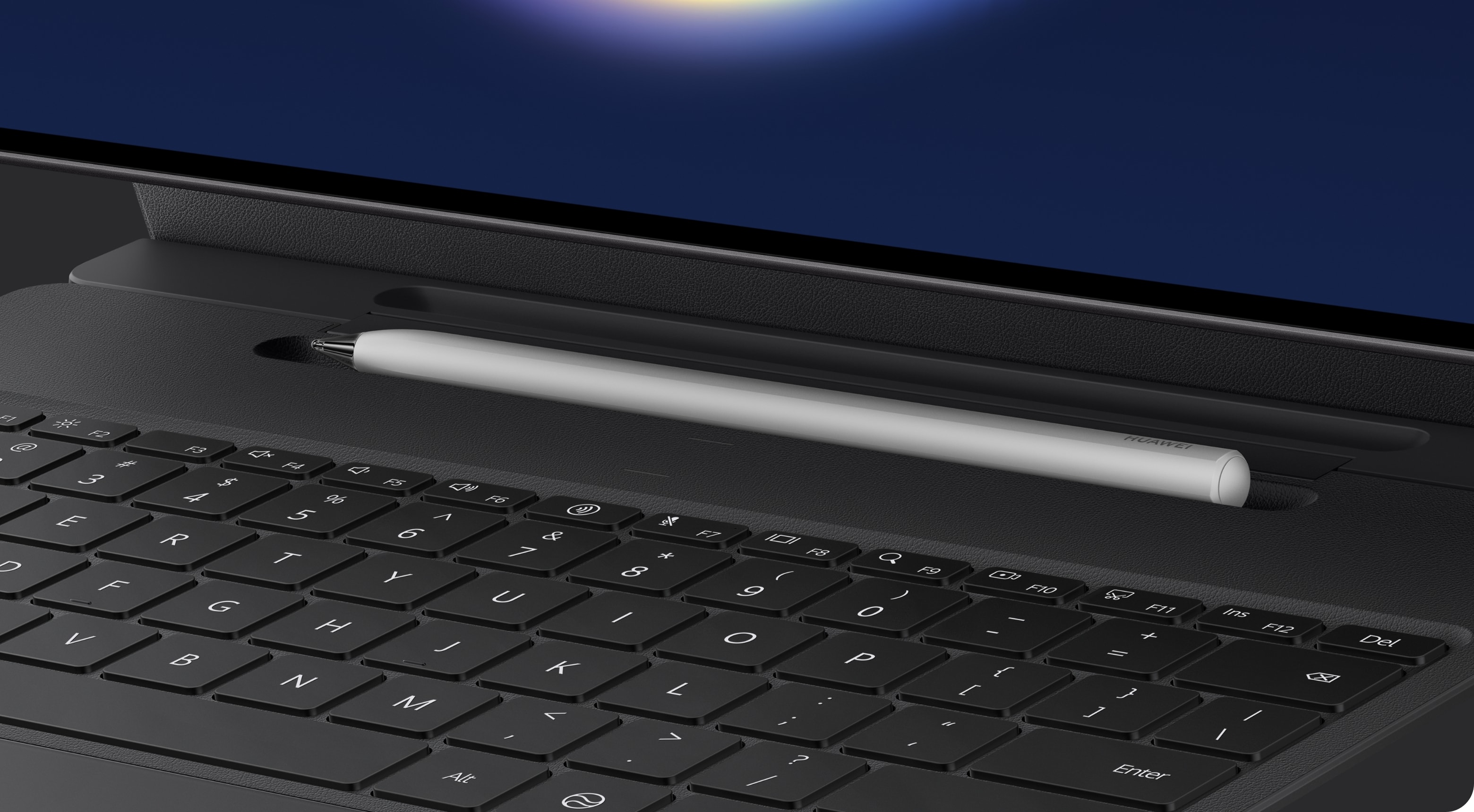 华为星跃键盘适用于 HUAWEI MatePad Pro Max 局部图，展示了隐藏式笔槽设计