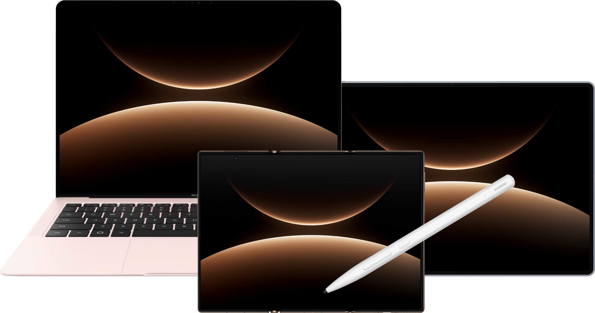 HUAWEI M-Pen 3 与平板、笔记本搭配展示图，展示了手写笔全场景适配的特性