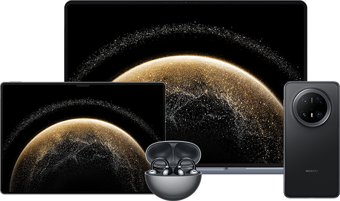 华为笔记本、平板、耳机、手机背部正视图，展示了华为全能充车载充电器（Max 100W）的全能充性能