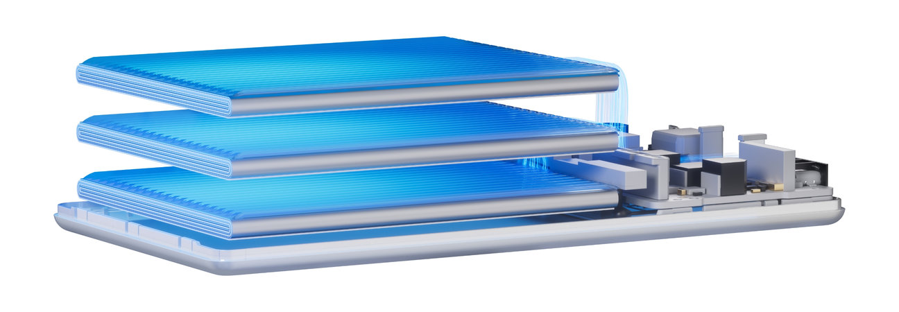 移动电源透视图，展示了华为自带线全能充移动电源（66W 12000）的品质电芯