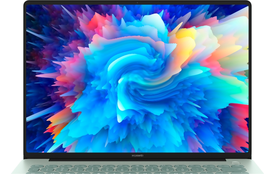 电脑桌面的多彩壁纸，展示 HUAWEI MateBook 14 的 2.8K OLED 屏特性