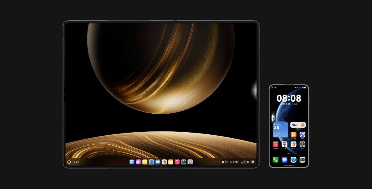 HUAWEI MateBook Fold 非凡大师与手机共享的操作界面，用户可以在不同设备之间共享文件和键盘、鼠标