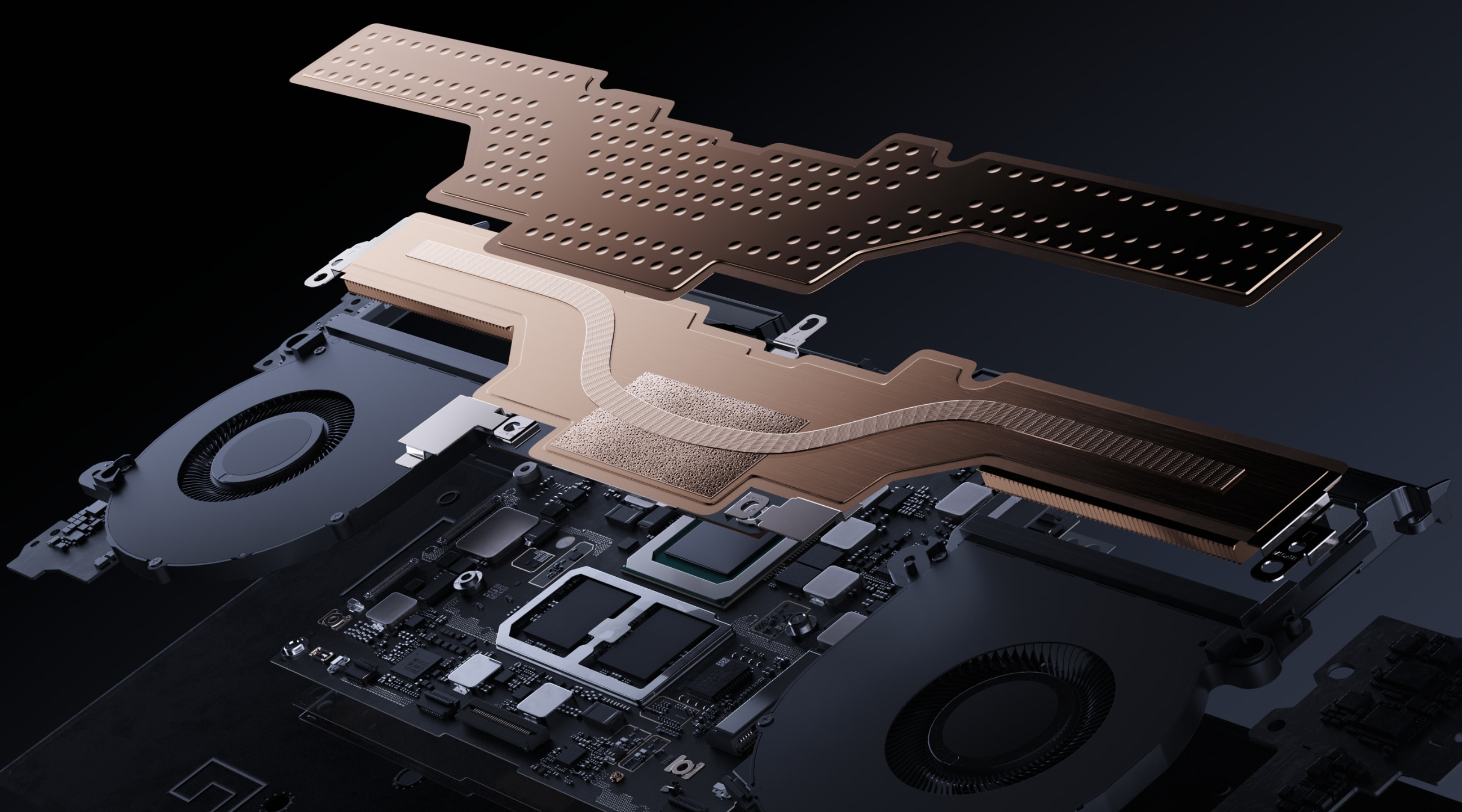 HUAWEI MateBook Pro 的 CG 图，展示了散热效果