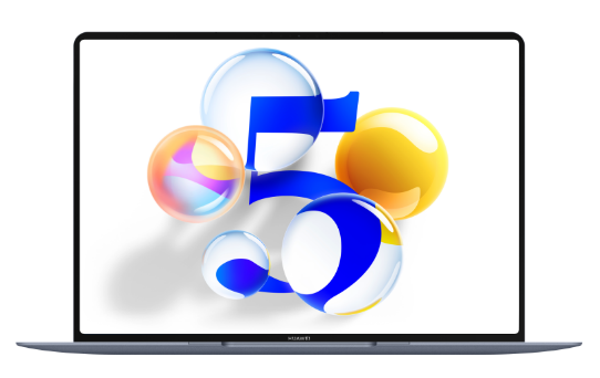 HUAWEI MateBook Pro 的正视图，展示了进一步探索 HarmonyOS 5