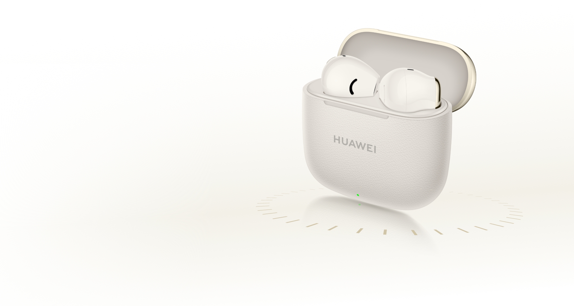 展示 HUAWEI FreeBuds SE 3 耳机盒打开,耳机在里面
