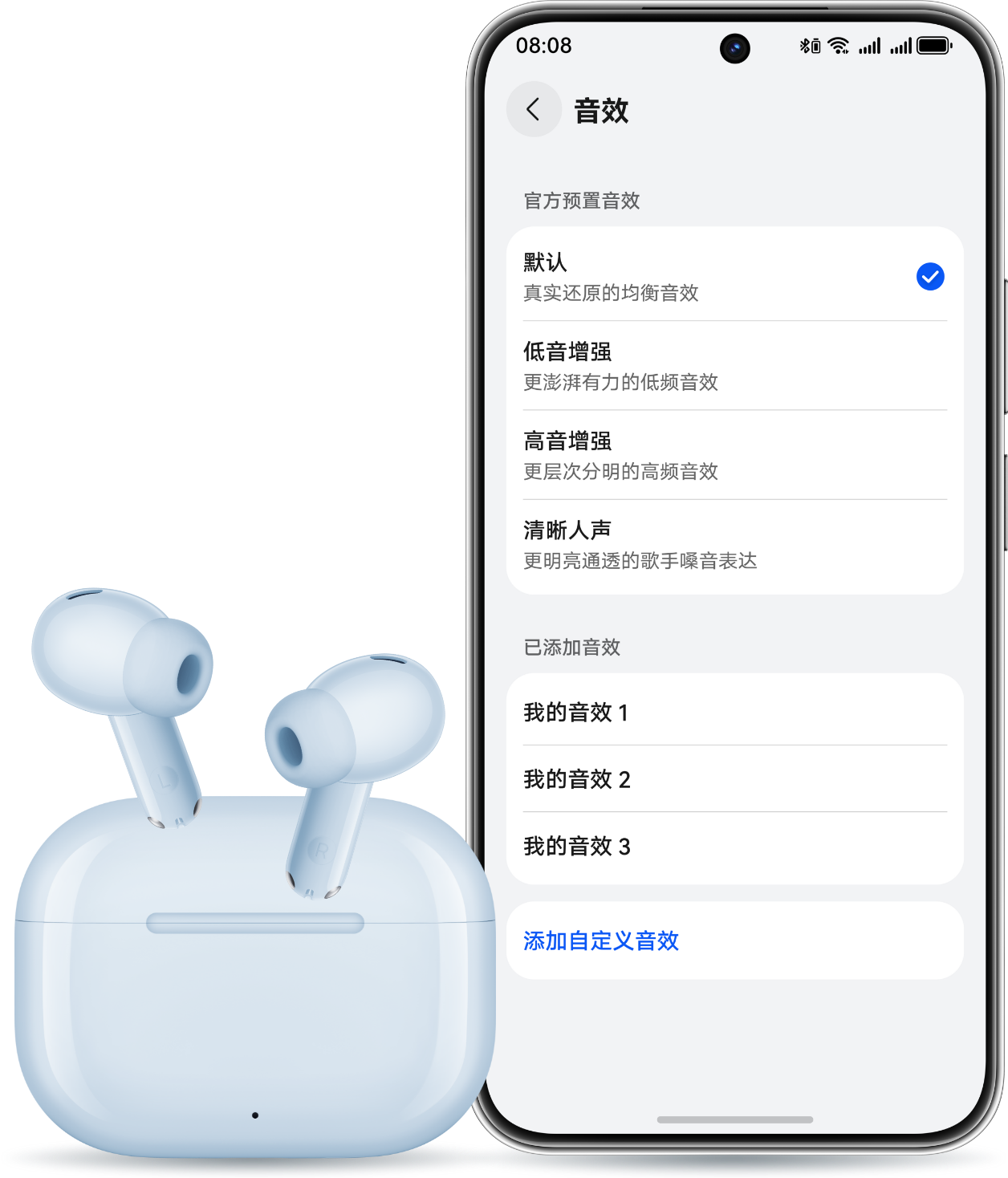 耳机从耳机盒里露出，展示 HUAWEI FREEBUDS SE 4 ANC 的 4 种自定义音效