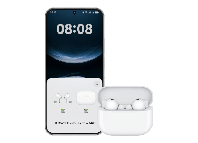 HUAWEI FREEBUDS SE 4 ANC 打开，展示耳机兼容多种主流手机操作系统