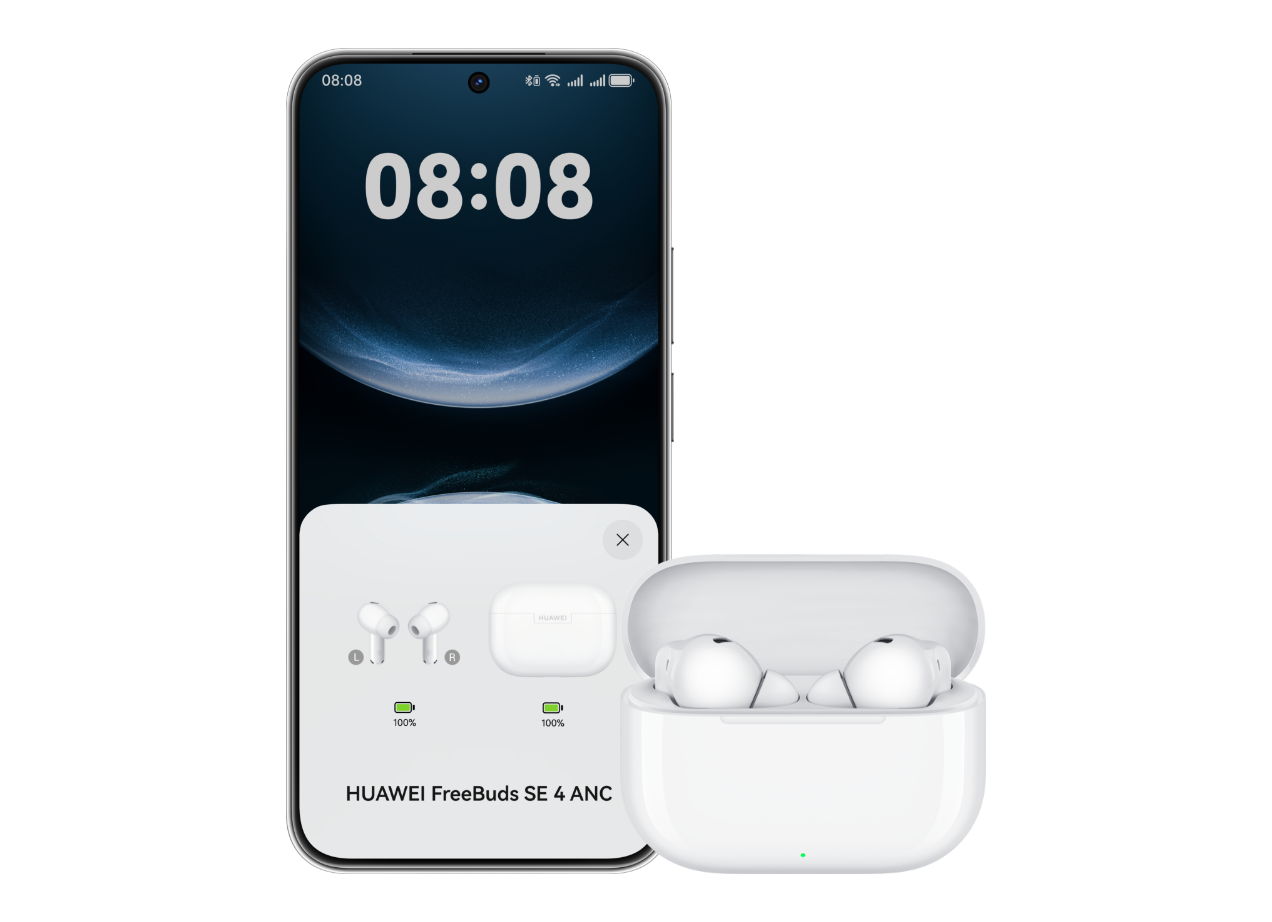HUAWEI FREEBUDS SE 4 ANC 打开，展示耳机兼容多种主流手机操作系统