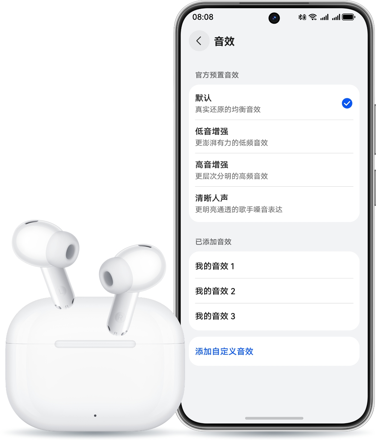 耳机从耳机盒里露出，展示 HUAWEI FREEBUDS SE 4 ANC 的 4 种自定义音效