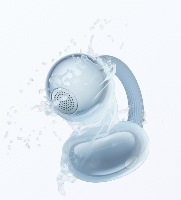 HUAWEI FreeClip 2 耳夹耳机防水创意图片，展示耳机的 IP57 抗汗抗水性能