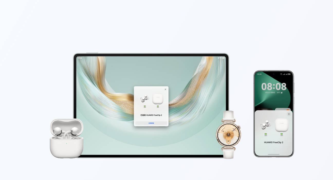 HUAWEI FreeClip 2 耳夹耳机，HUAWEI MatePad Pro 12.2，HUAWEI Pura 80 Pro，HUAWEI WATCH GT 6 多设备展示，体现耳机的多设备连接功能