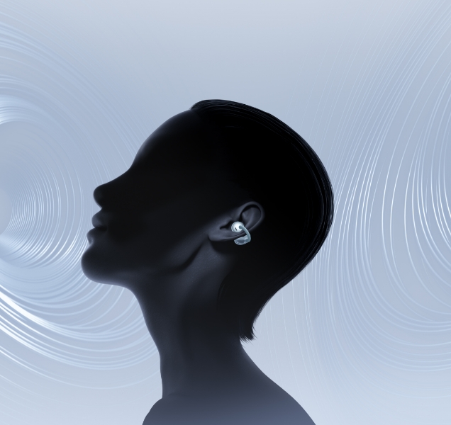 HUAWEI FreeClip 2 耳夹耳机空间音频示意画面，展示耳机开放式空间声场增强技术带来的沉浸式听感