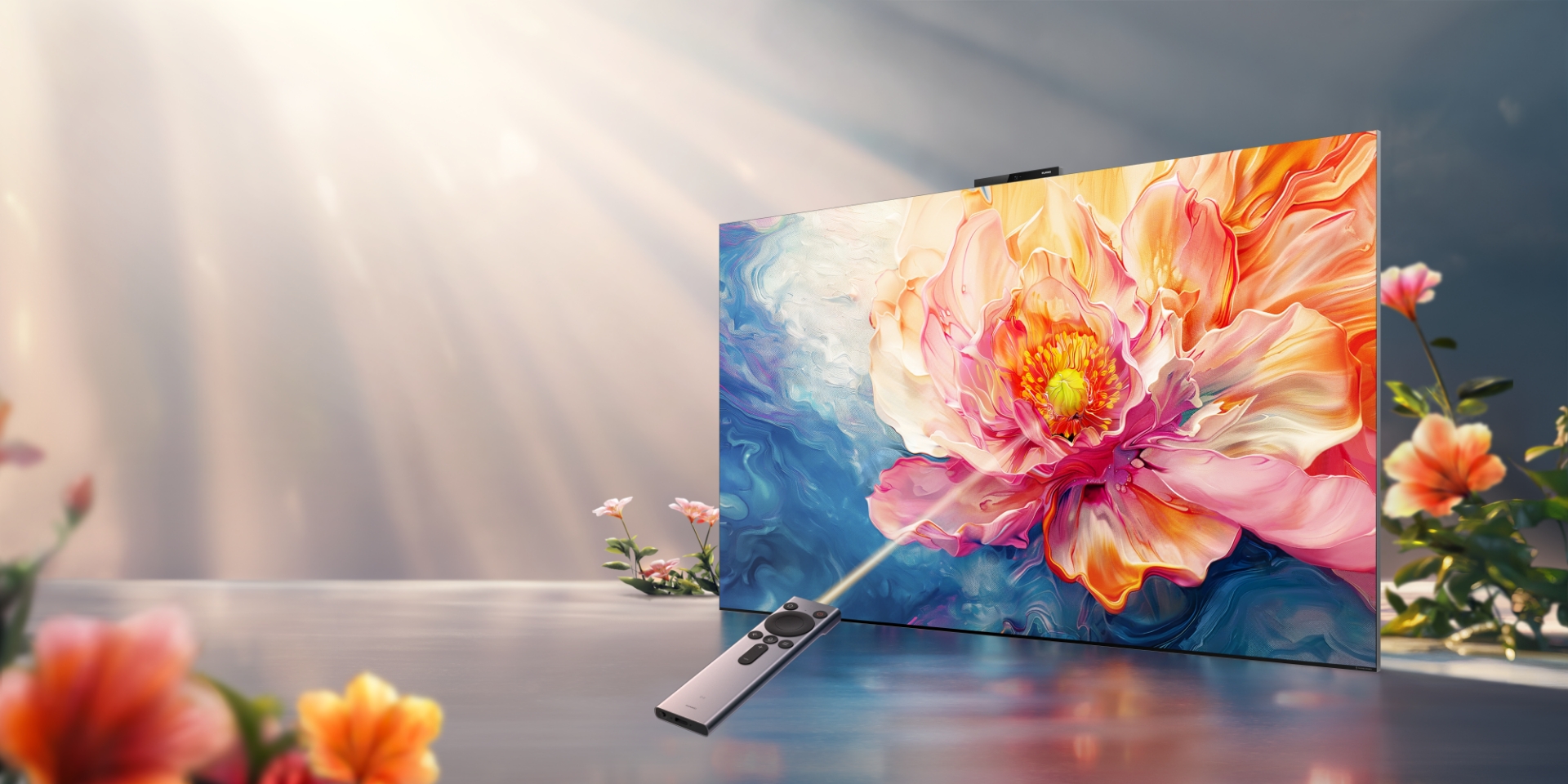 阳光笼罩,鲜花环绕,华为 Vision 智慧屏 4 Pro 侧面特写视图,展示屏幕和遥控器