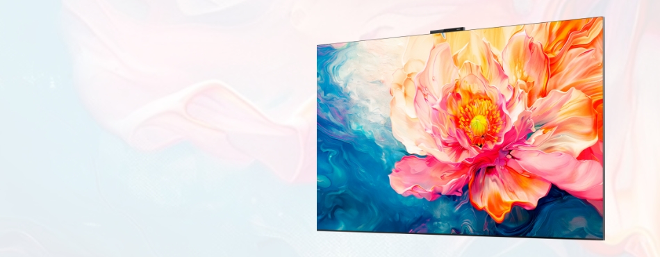 华为 Vision 智慧屏 4 Pro 侧面视图,画面呈现鲜艳花朵,展示鸿鹄画质