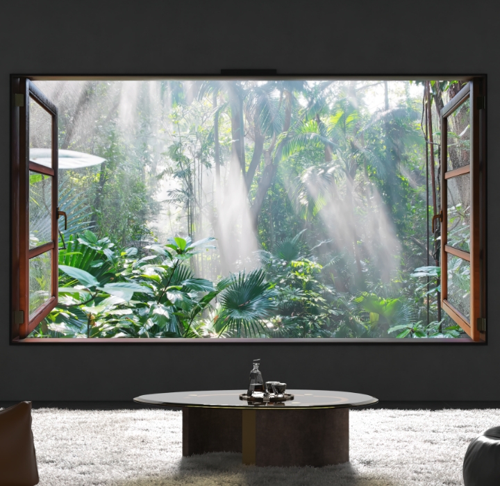 客厅内的华为 Vision 智慧屏 4 Pro 在播放森林画面,展示智慧画框功能