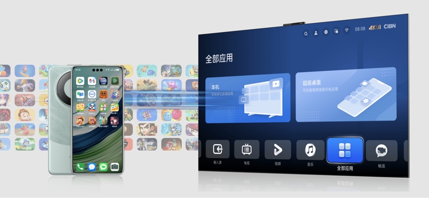 展示了华为 Vision 智慧屏 5 Pro 的超级桌面，百万应用上大屏。
