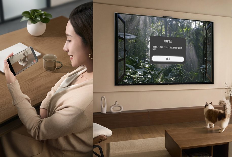 用户在手机上就能看到家中动态，展示了华为 Vision 智慧屏 5 的远程看家功能