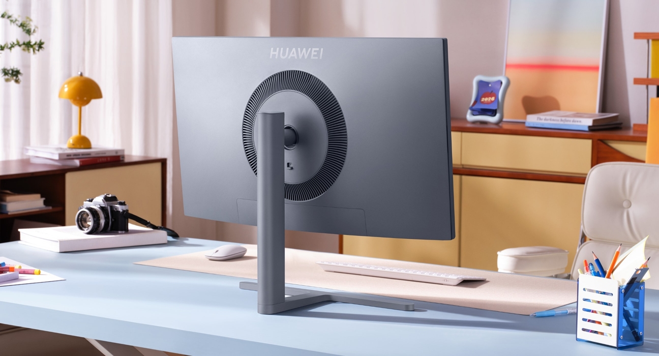 蓝色 HUAWEI MateView GT 27 英寸融入生活场景，展示了其背面的星环涡扇美学