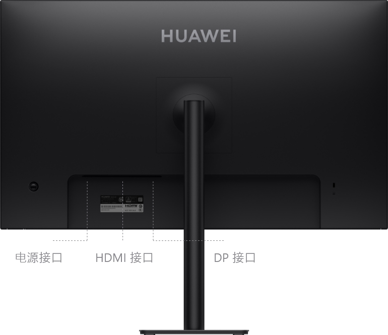 HUAWEI MateView SE 27'' FHD 背面的正视图，展示了产品配备 DP 及 HDMI 主流接口
