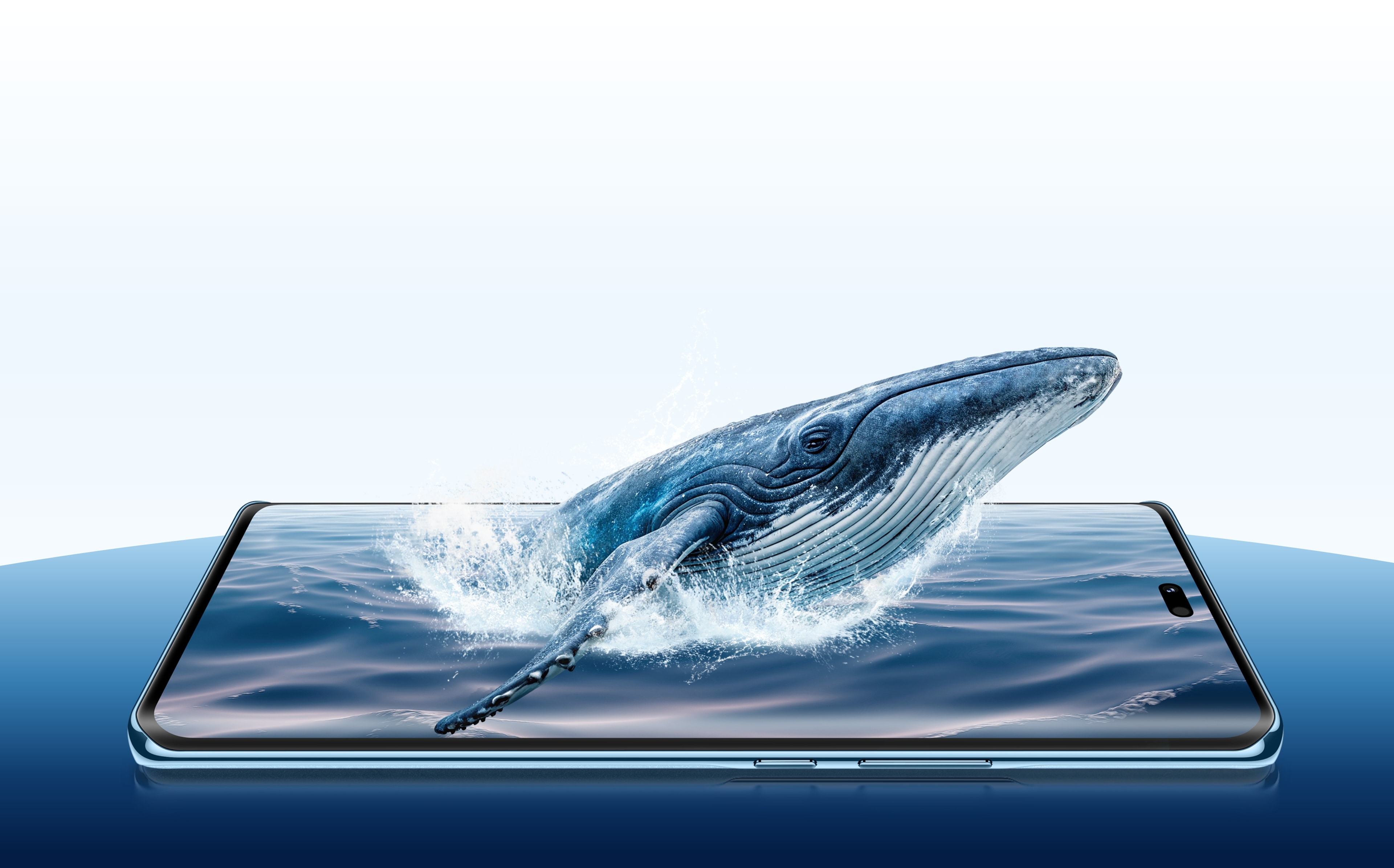 创意呈现一头巨鲸穿出华为畅享 70X 活力版屏幕，展示手机搭载华为巨鲸电池