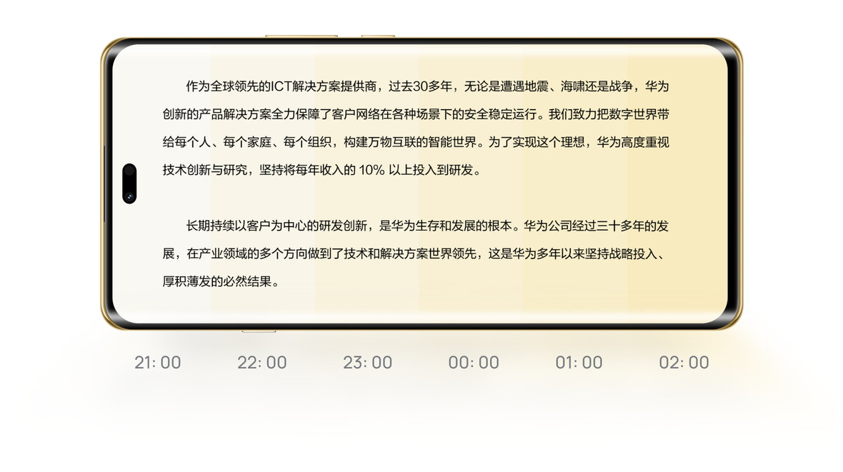 华为畅享 70X 尊享版夜间21点后，手机进入护眼模式，21点到次日凌晨2点，屏幕会随时间推移越来越黄，展示节律调光功能
