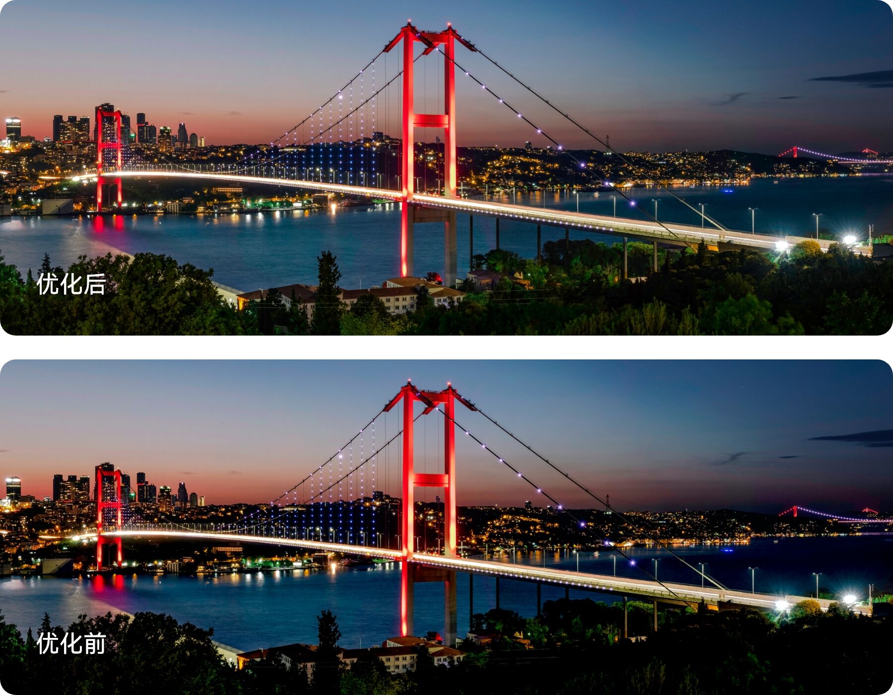 夜景照片优化前后对比，展示华为畅享 70X 尊享版暗部增强功能