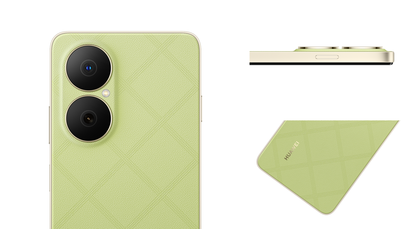 华为畅享 80 原野绿背部正视图，展示了生态皮革设计与背壳双环摄像头，华为畅享 80 侧视图原野绿，展示了机身侧面畅享 X 键，原野绿华为畅享 80 局部特写，展示了生态皮革设计