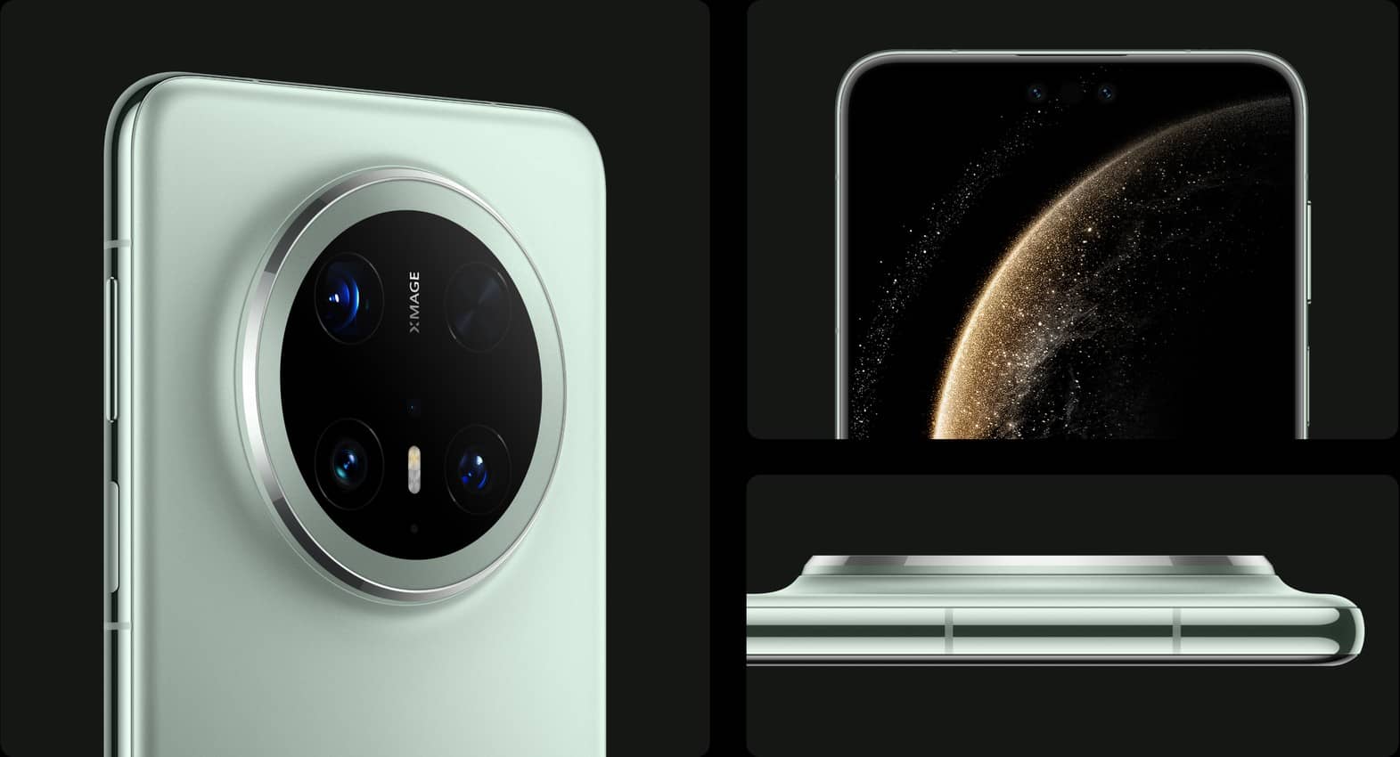 HUAWEI Mate 70 Pro 优享版展示手机背面,左侧正面,水平侧面的四种颜色,云山绿