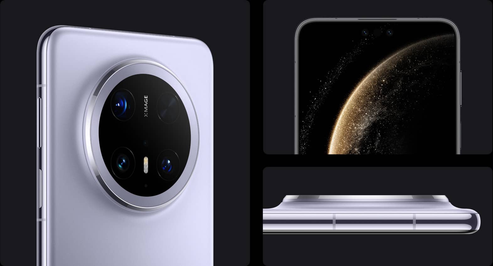 HUAWEI Mate 70 Pro 优享版展示手机背面,左侧正面,水平侧面的四种颜色,风信紫