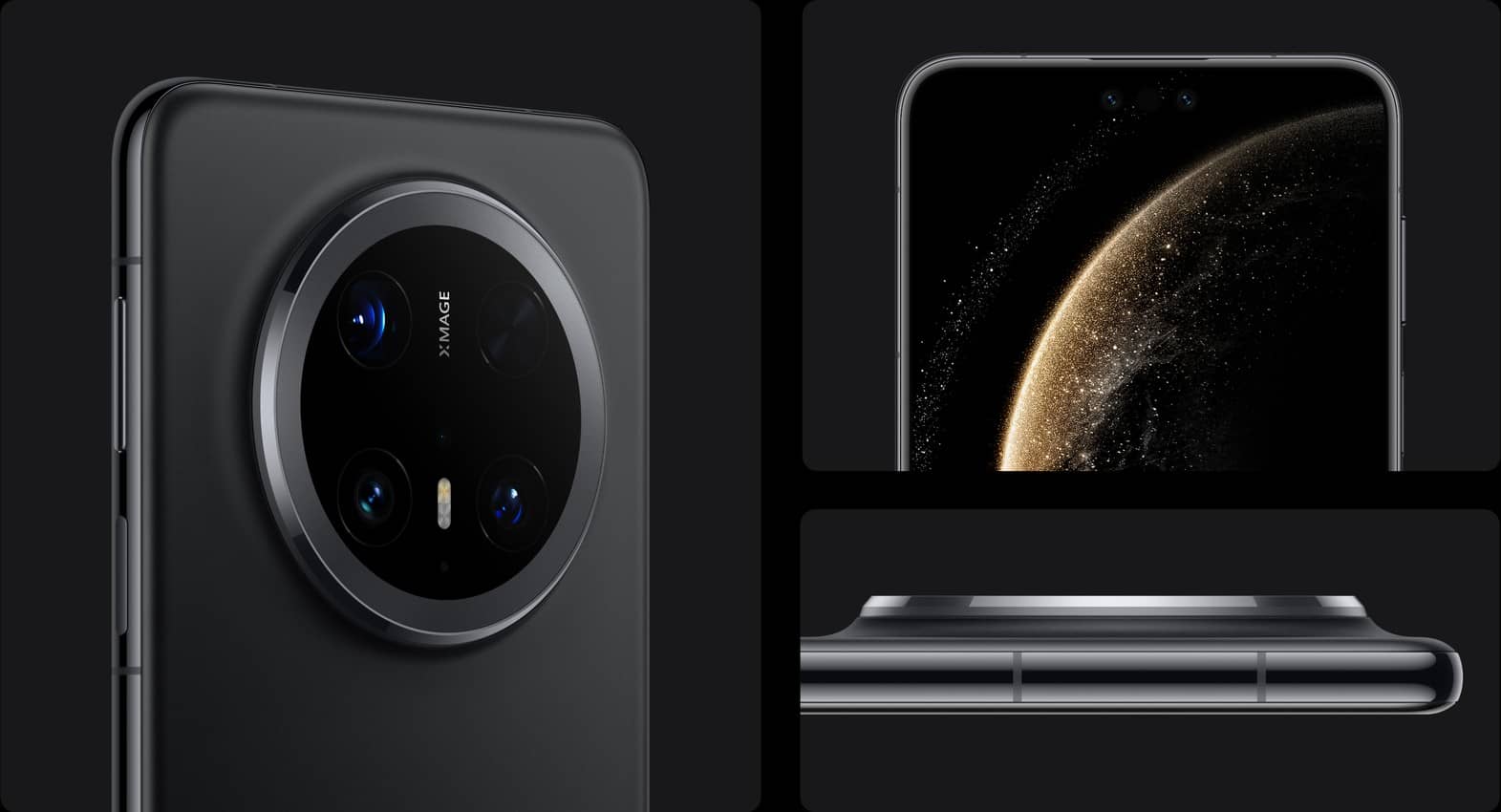 HUAWEI Mate 70 Pro 优享版展示手机背面,左侧正面,水平侧面的四种颜色,曜石黑