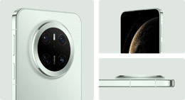 HUAWEI Mate 70 展示手机背面，左侧正面，水平侧面的四种颜色，云山绿