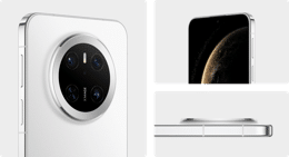 HUAWEI Mate 70 展示手机背面，左侧正面，水平侧面的四种颜色，雪域白