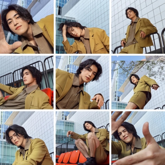 男性用户使用向新绿 HUAWEI nova Flip S 进行自拍，展示了手机的间隔定时拍功能