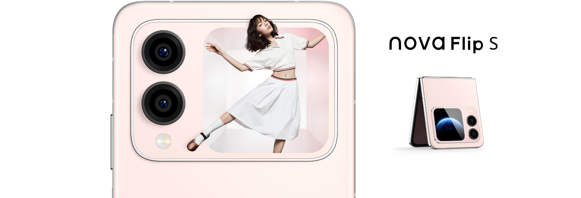 女性用户与樱语粉 HUAWEI nova Flip S 的创拍