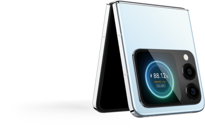 天青蓝 HUAWEI nova Flip S 侧视图，展示了手机的大电池与快充功能