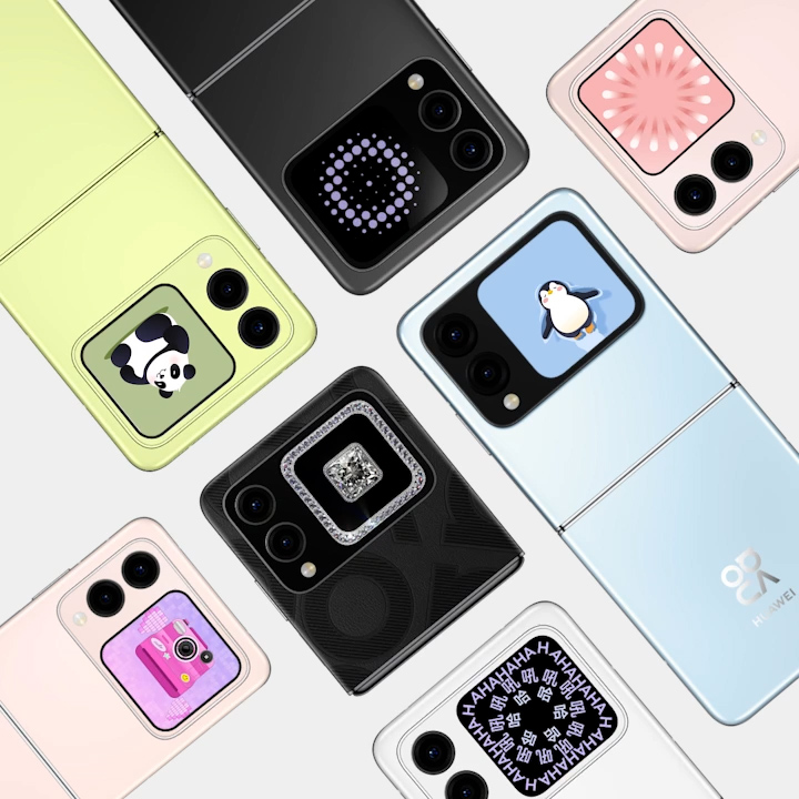 展开的向新绿、零度白、樱语粉与星耀黑 HUAWEI nova Flip S 平铺在一起