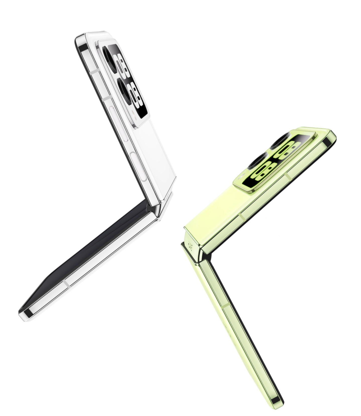半折叠的零度白与向新绿 HUAWEI nova Flip S,展示了手机的轻薄称手