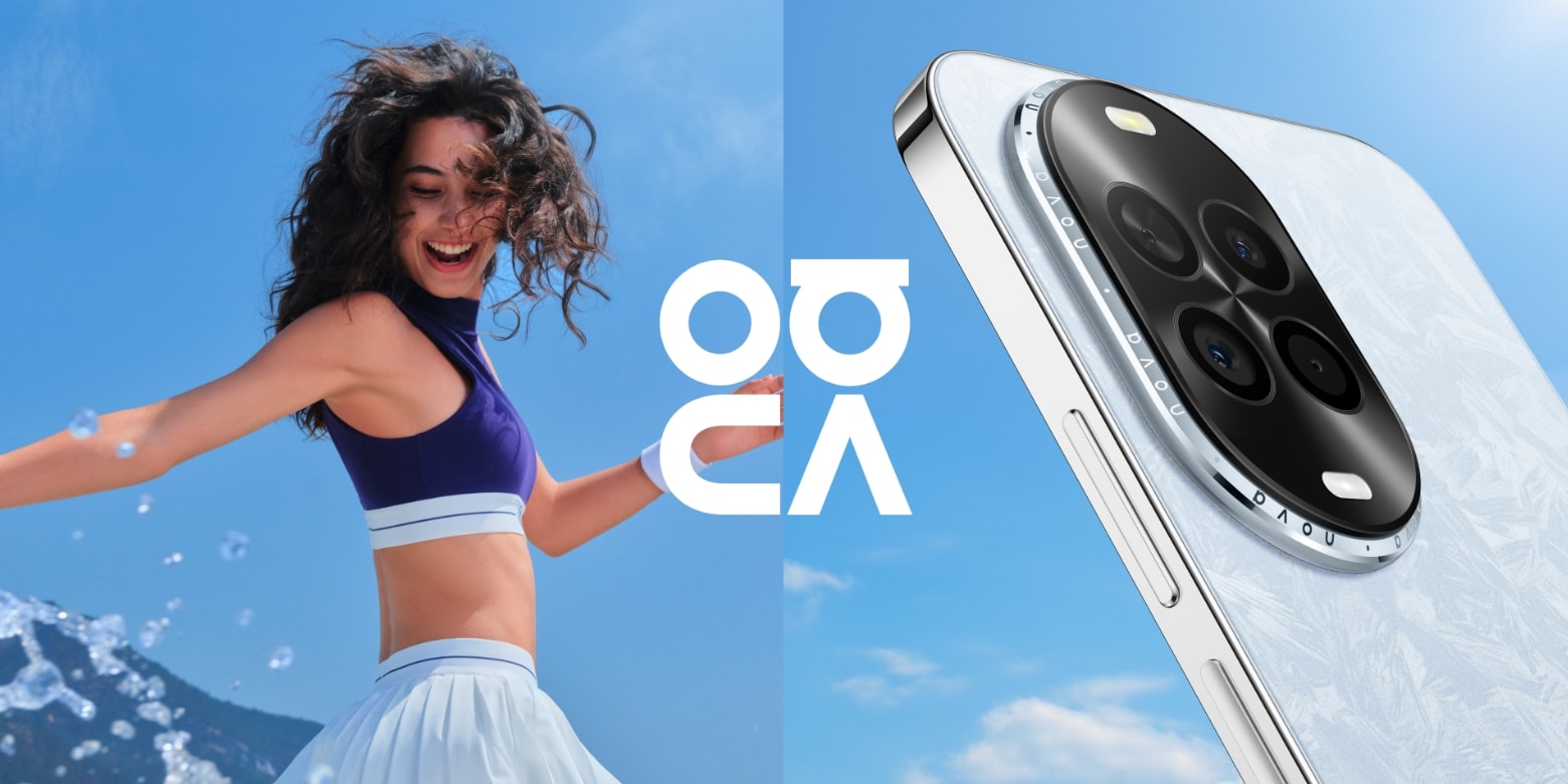 左侧为用户手持冰晶蓝 HUAWEI nova 14 活力版，右侧为冰晶蓝 HUAWEI nova 14 活力版侧面及背面特写