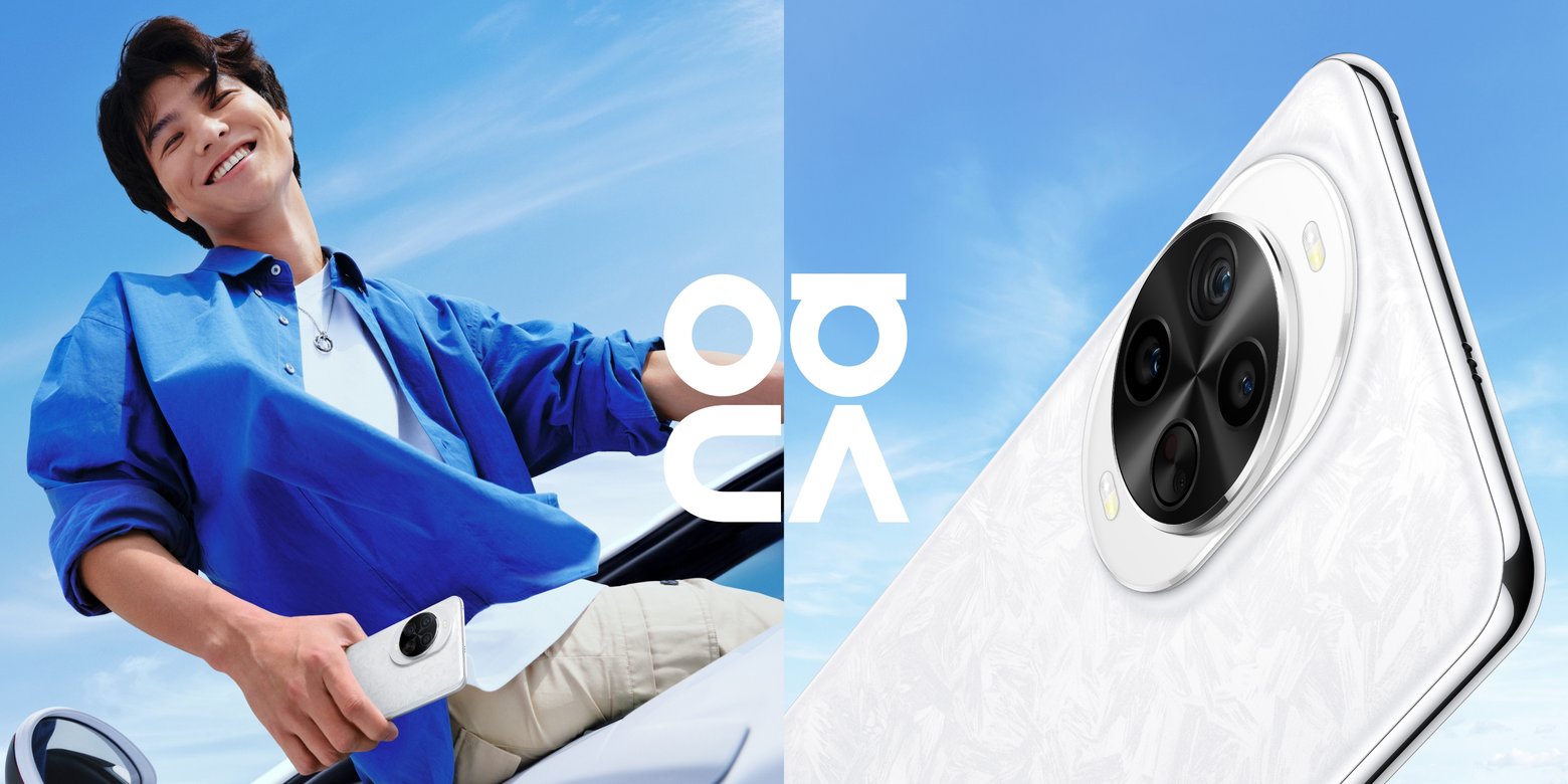 男性模特拿着凝霜白 HUAWEI nova 14 Pro