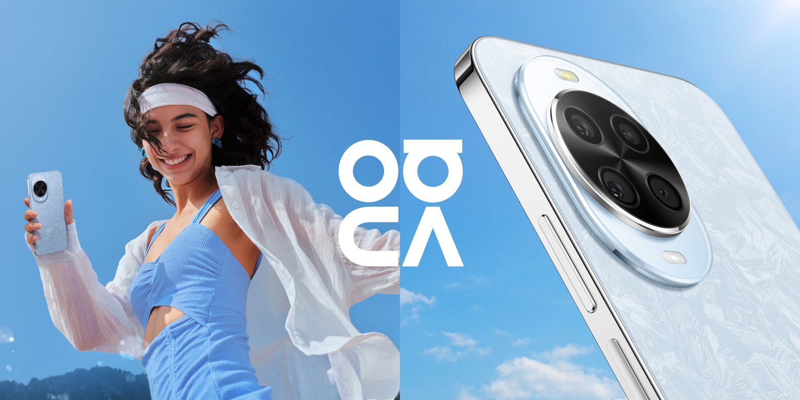 女性模特拿着冰晶蓝 HUAWEI nova 14