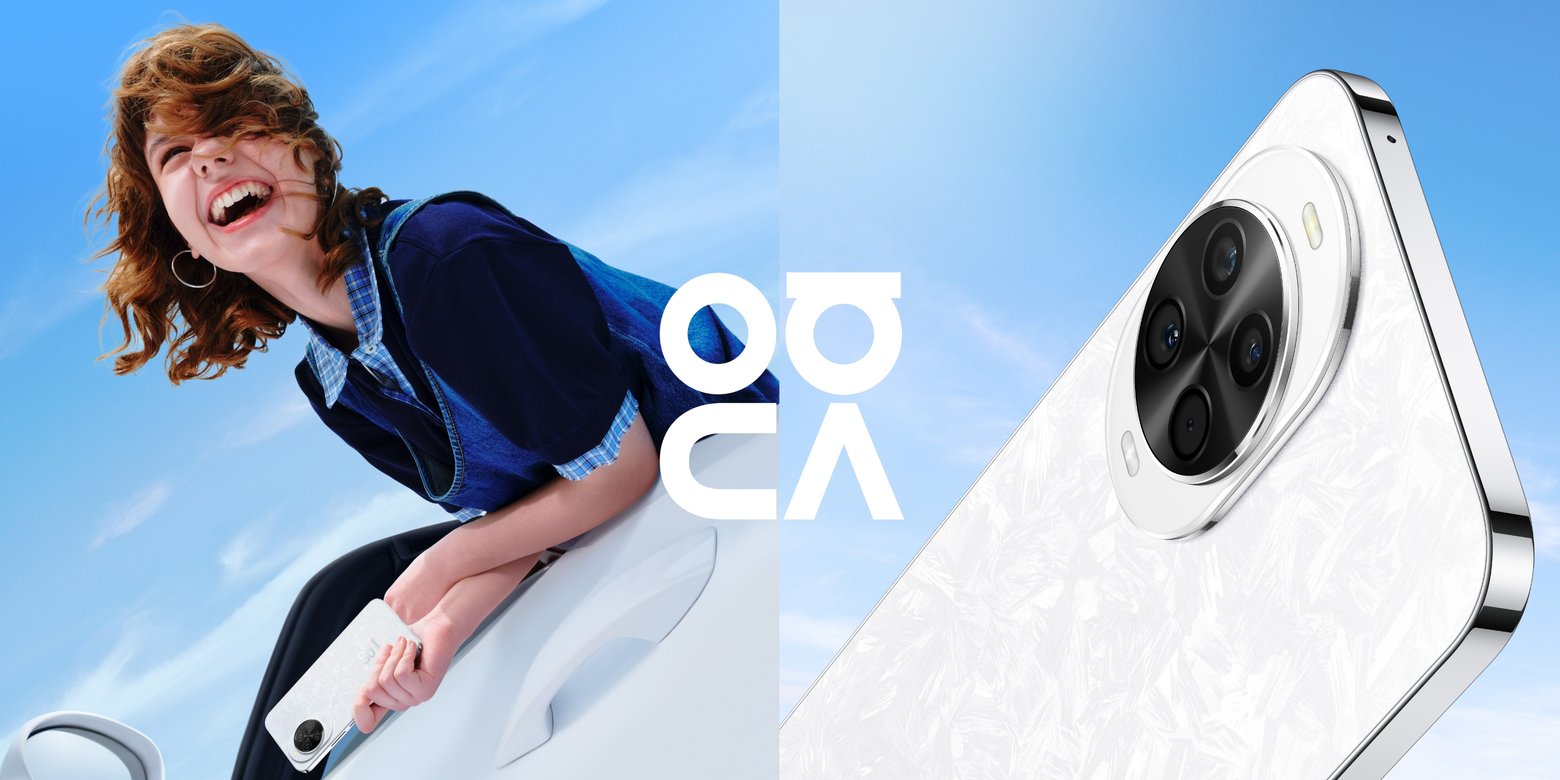 男性模特拿着凝霜白 HUAWEI nova 14