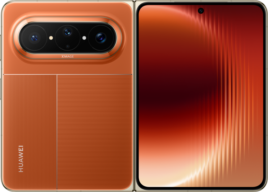 HUAWEI Pura X Max 手机展开背面，展示活力橙